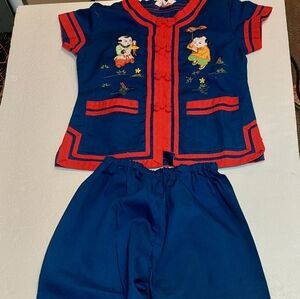 Blue and Red Embroidered Two-Piece Outfit Youth Size 2 Vintage 80s Asian